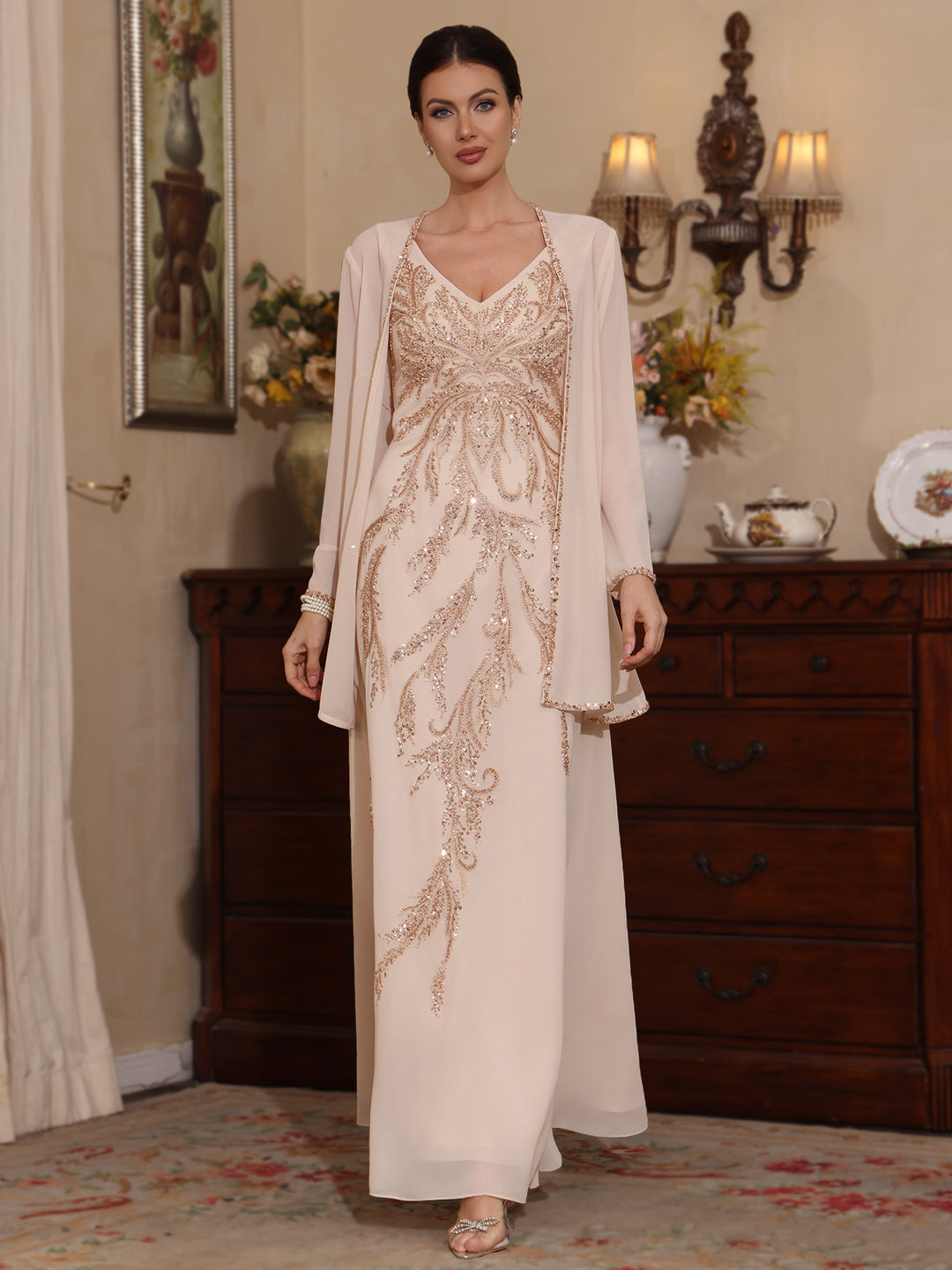 2 Pieces A-Line/Princess V-Neck Chiffon Mother of the Bride Dresses wi