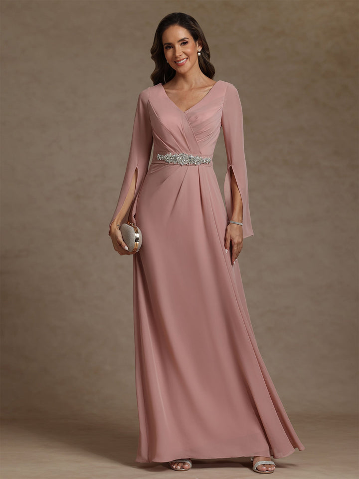 Sheath/Column V-Neck Chiffon Mother of the Bride Dresses Rhinestone Floor-Length Ruched Long Sleeves