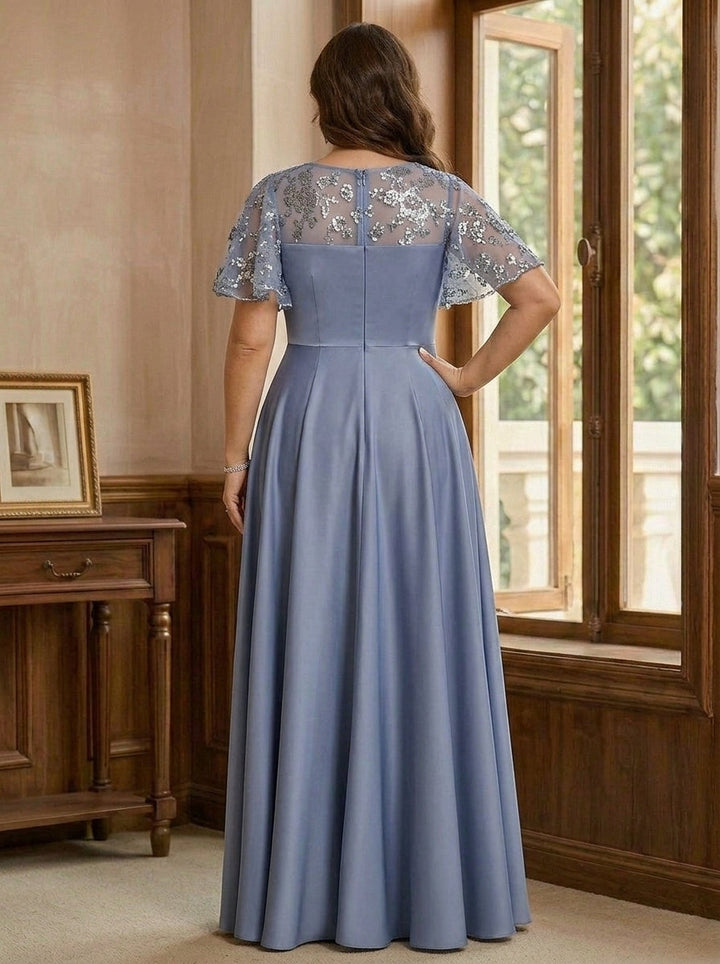 A-Line/Princess V-Neck Acetate Satin Plus Size Mother of the Bride Dresses Sequins Floor-Length Short Sleeves Ruched