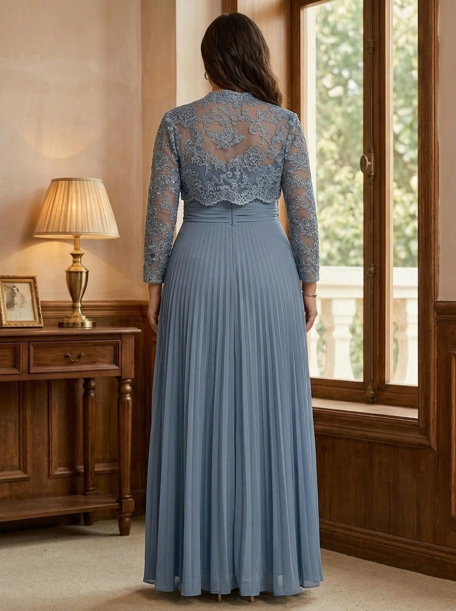 Sheath/Column Sweetheart Chiffon Plus Size Mother of the Bride Dresses with Jacket Floor-Length Lace Pleated Long Sleeves