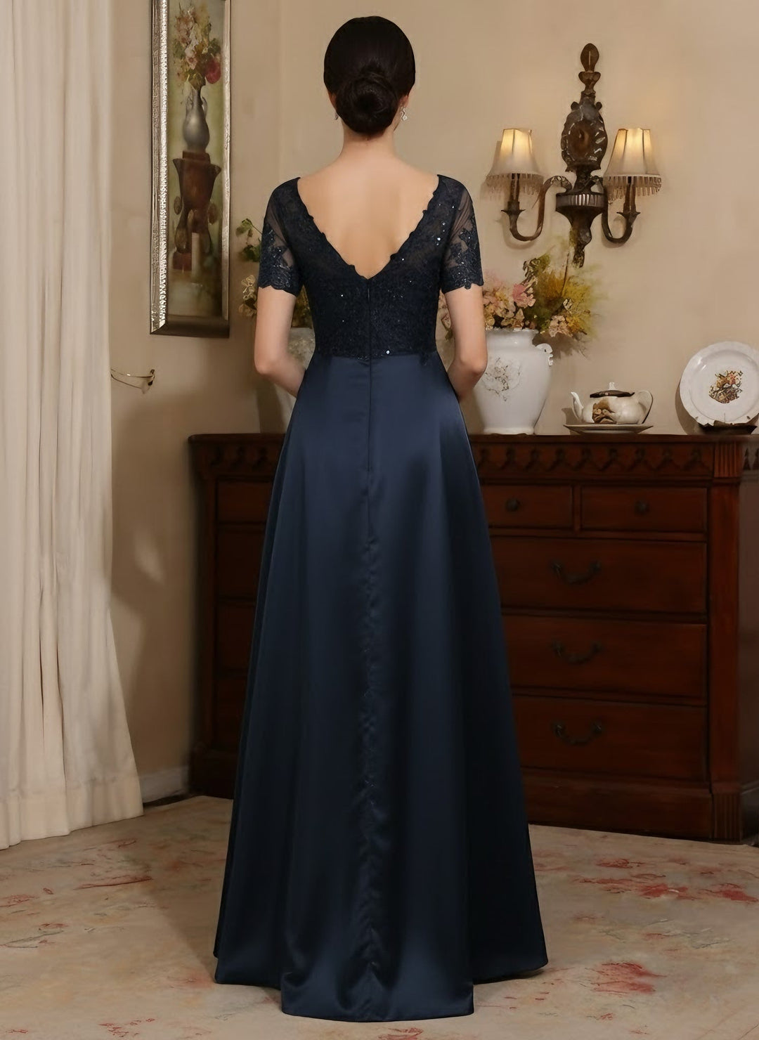 A-Line/Princess V-Neck Satin Mother of the Bride Dresses Short Sleeves Floor-Length Lace Sequins