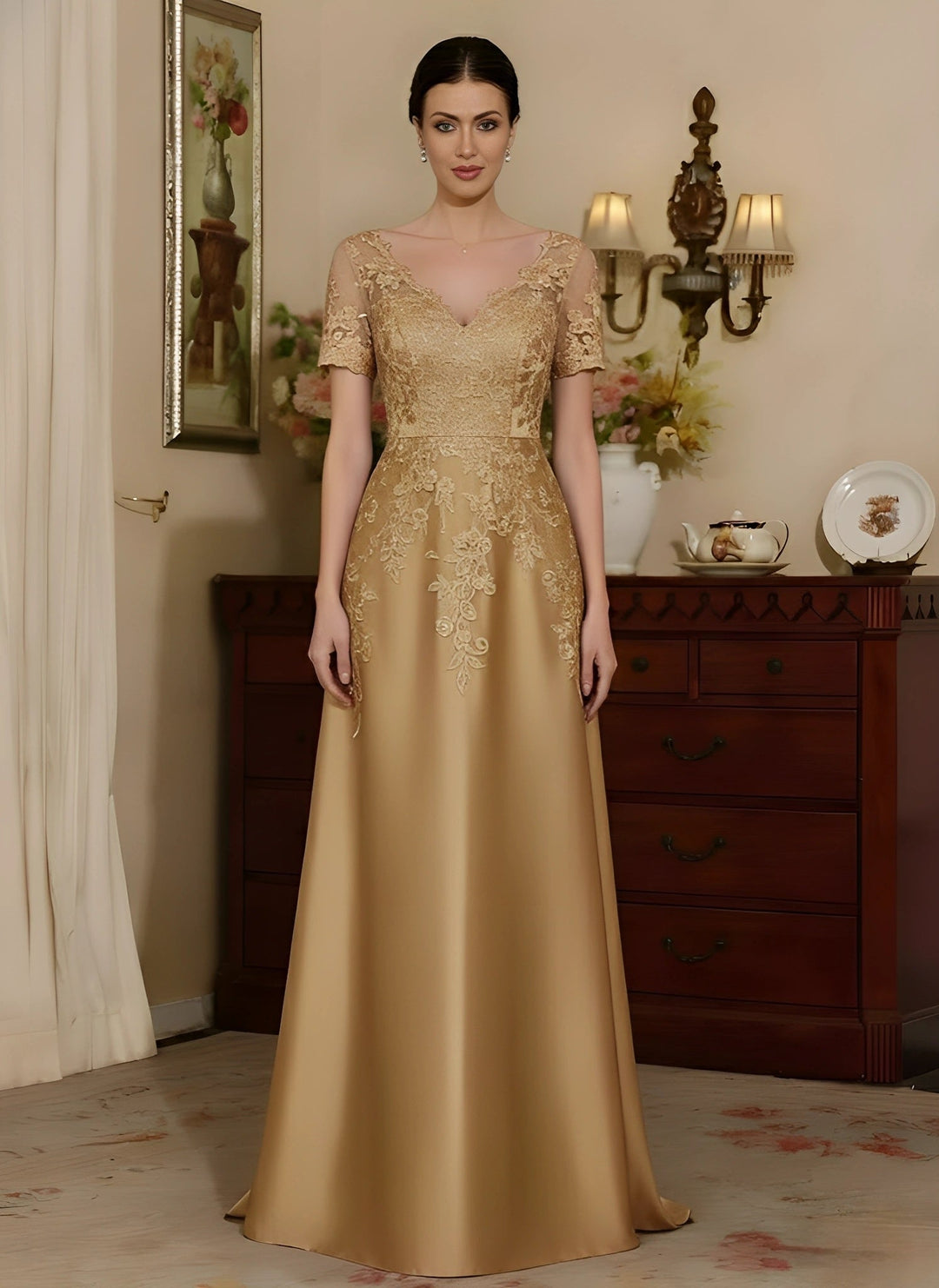 A-Line/Princess V-Neck Satin Mother of the Bride Dresses Short Sleeves Floor-Length Lace Sequins