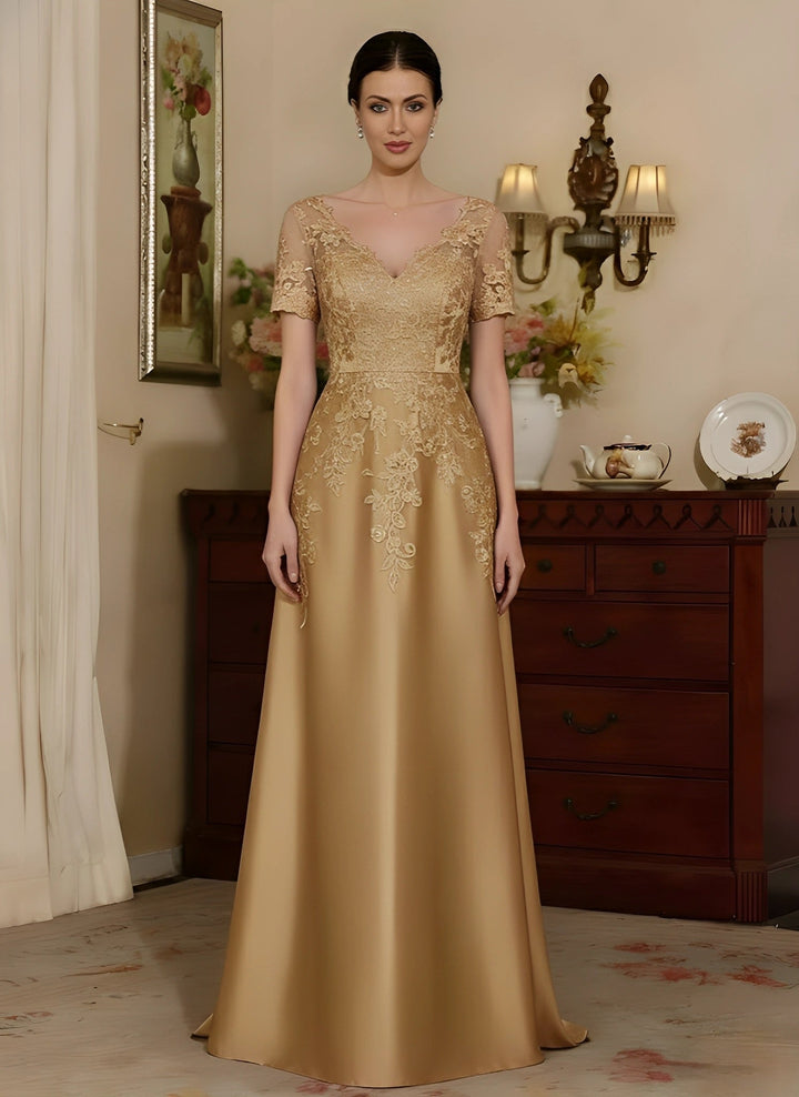 A-Line/Princess V-Neck Satin Mother of the Bride Dresses Short Sleeves Floor-Length Lace Sequins