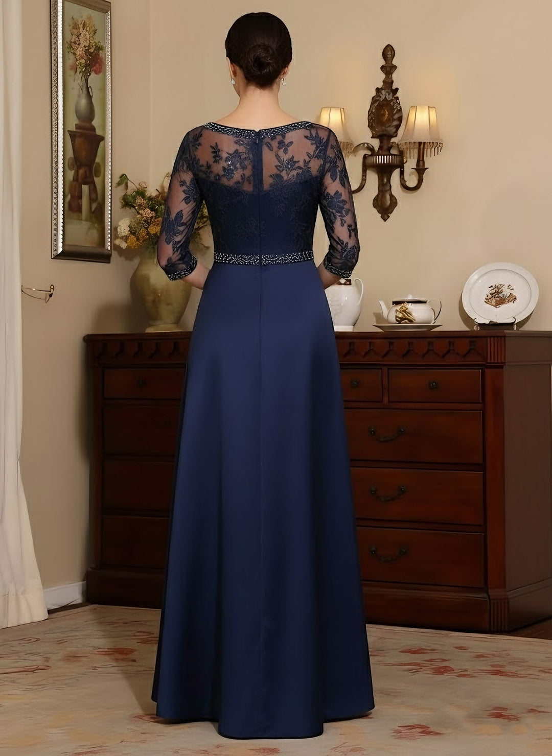 A-Line/Princess Scoop Satin Mother of the Bride Dresses 3/4 Sleeves Floor-Length Lace Beading Belt