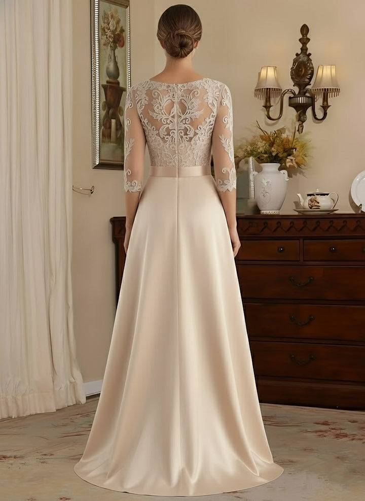 A-Line/Princess Scoop Satin Mother of the Bride Dresses 3/4 Sleeves Asymmetrical Floor-Length Illusion Lace Belt