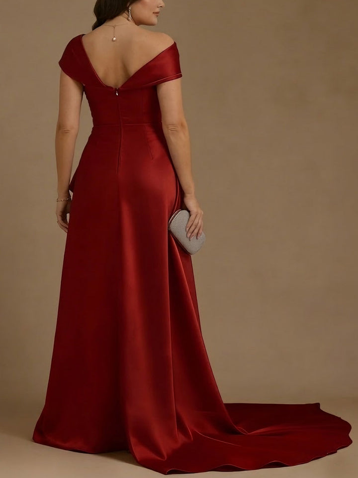 Sheath/Column Off-the-Shoulder Satin Plus Size Mother of the Bride Dresses with Split Side Sequins Sleeveless Floor-Length Ruched