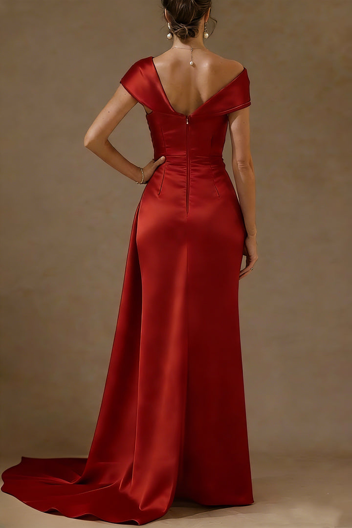Sheath/Column Off-the-Shoulder Satin Mother of the Bride Dresses with Split Side Sequins Sleeveless Floor-Length Ruched