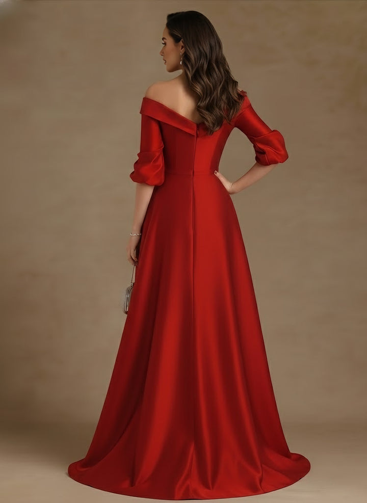 A-Line/Princess Off-the-Shoulder Satin Mother of the Bride Dresses Half Sleeves Floor-Length Appliques