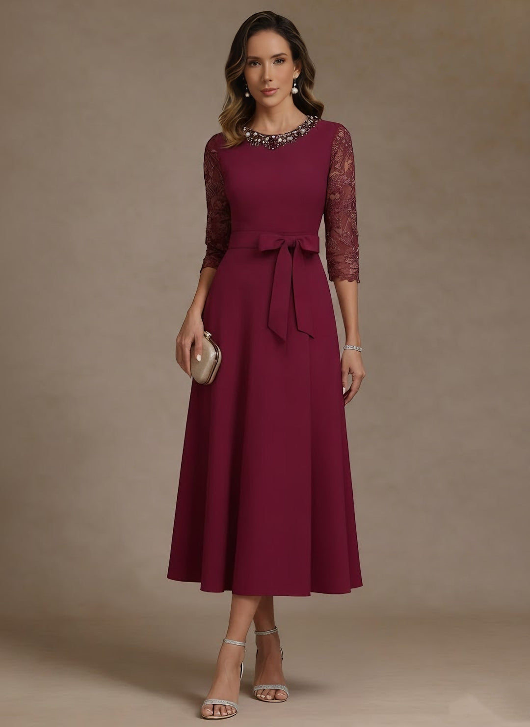 A-Line/Princess Jewel Neck Stretch Satin Mother of the Bride Dresses Lace Floor-Length Sash Bowknot 3/4 Sleeves