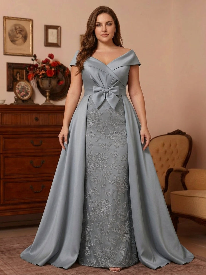 Sheath/Column Off-the-Shoulder Satin Plus Size Mother of the Bride Dresses with Overskirt Sleeveless Floor-Length Lace Bowknot