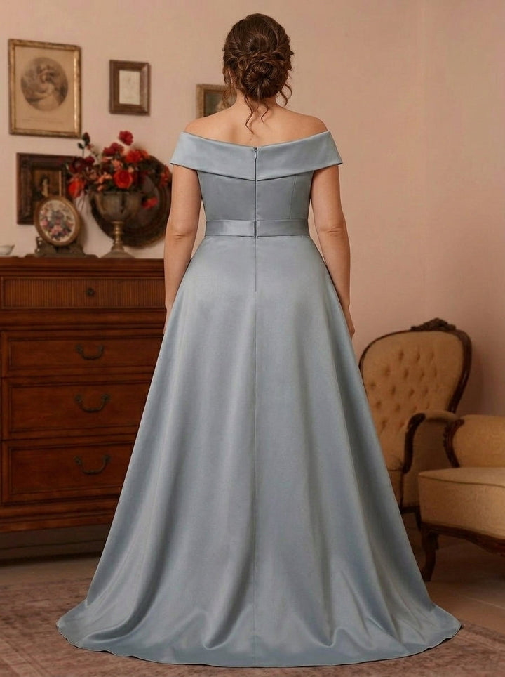 Sheath/Column Off-the-Shoulder Satin Plus Size Mother of the Bride Dresses with Overskirt Sleeveless Floor-Length Lace Bowknot