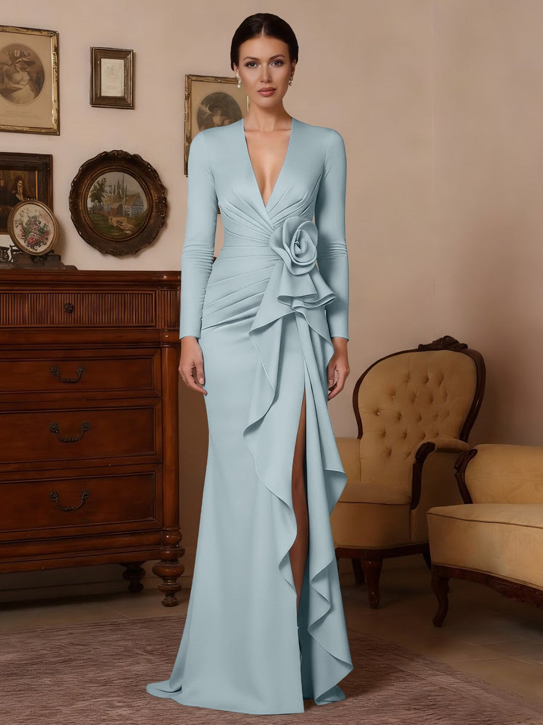 Trumpet/Mermaid V-Neck Stretch Satin Mother of the Bride Dresses with Split Side Floor-Length Long Sleeves Sash 3D Flower Ruched