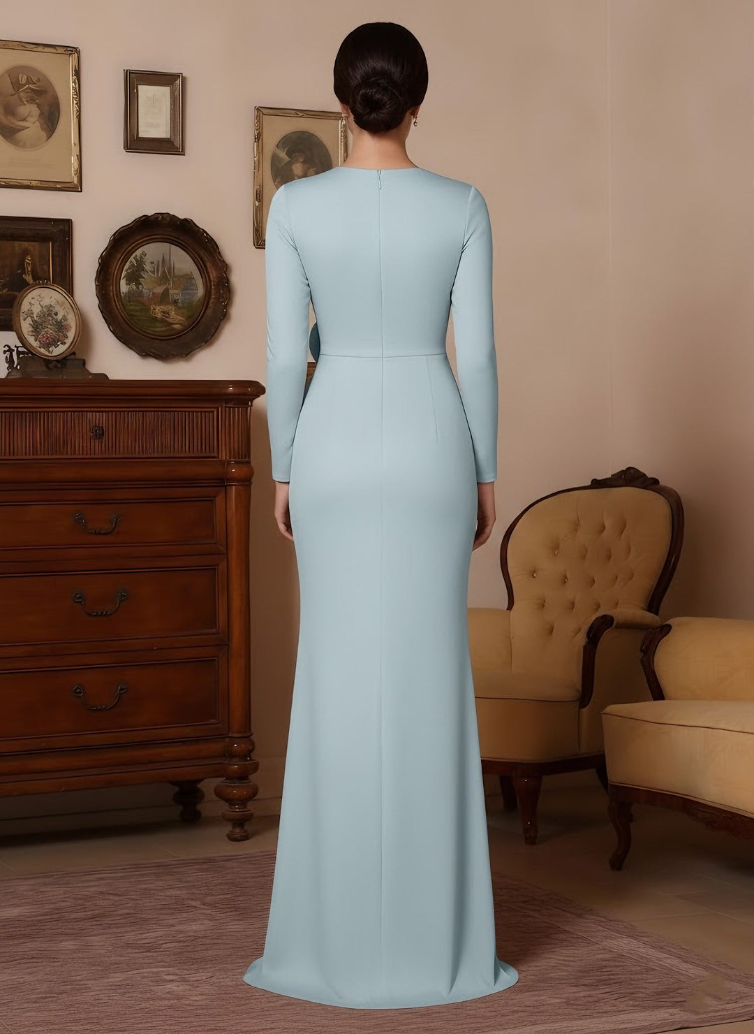 Trumpet/Mermaid V-Neck Stretch Satin Mother of the Bride Dresses with Split Side Floor-Length Long Sleeves Sash 3D Flower Ruched