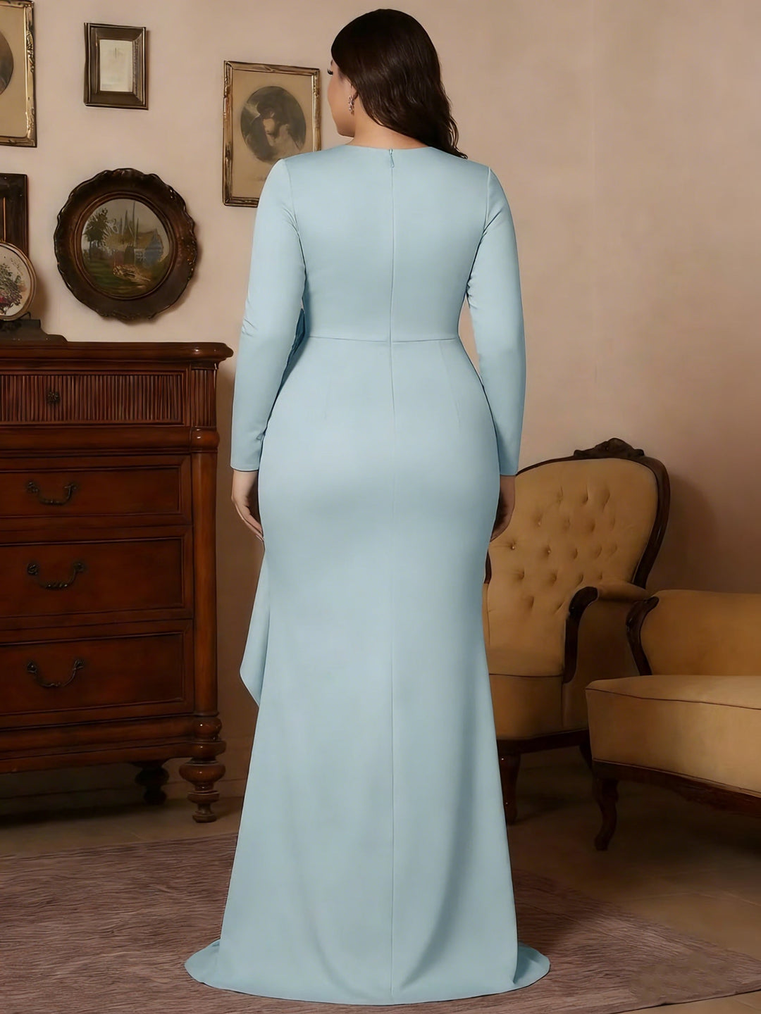 Trumpet/Mermaid V-Neck Stretch Satin Plus Size Mother of the Bride Dresses with Split Side Floor-Length Long Sleeves Sash 3D Flower Ruched