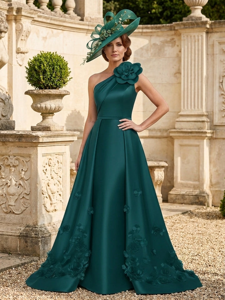 Sheath/Column One-Shoulder Satin Mother of the Bride Dresses with Overskirt Sleeveless Floor-Length 3D Flower