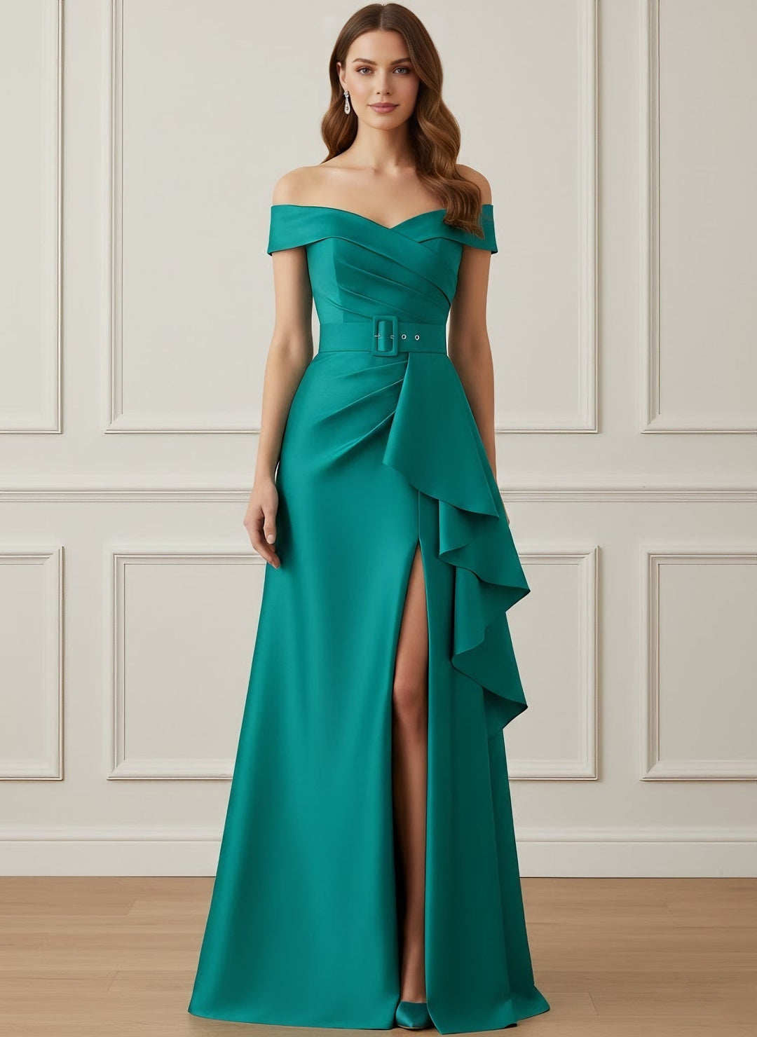 A-Line/Princess Off-the-Shoulder Satin Mother of the Bride Dresses with Split Side Floor-Length Sleeveless Sash Ruffles