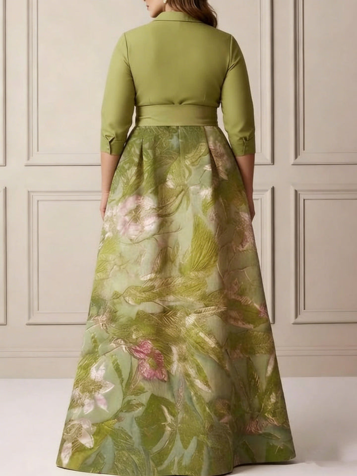 A-Line/Princess Shirt Collar Satin Plus Size Mother of the Bride Dresses 3/4 Sleeves Floor-Length Floral Bowknot