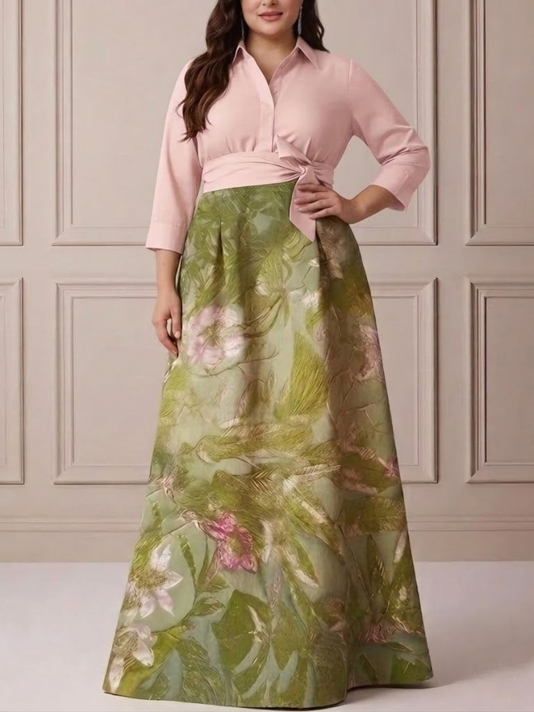 A-Line/Princess Shirt Collar Satin Plus Size Mother of the Bride Dresses 3/4 Sleeves Floor-Length Floral Bowknot