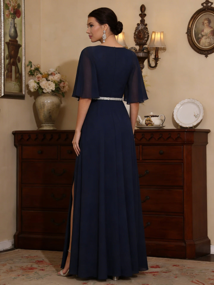 Sheath/Column V-Neck Chiffon Mother of the Bride Dresses with Split Side Floor-Length Sequins Short Sleeves