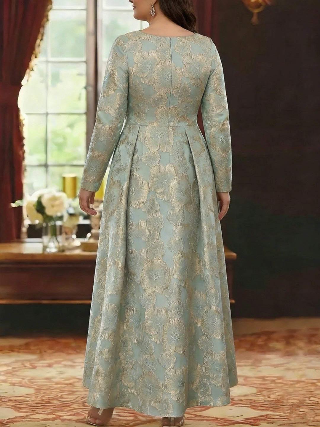A-Line/Princess Scoop Satin Plus Size Mother of the Bride Dresses 3/4 Sleeves Ankle-Length Floral