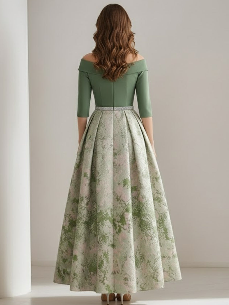 A-Line/Princess Off-the-Shoulder Mother of the Bride Dresses Satin 3/4 Sleeves Ankle-Length Floral Sash