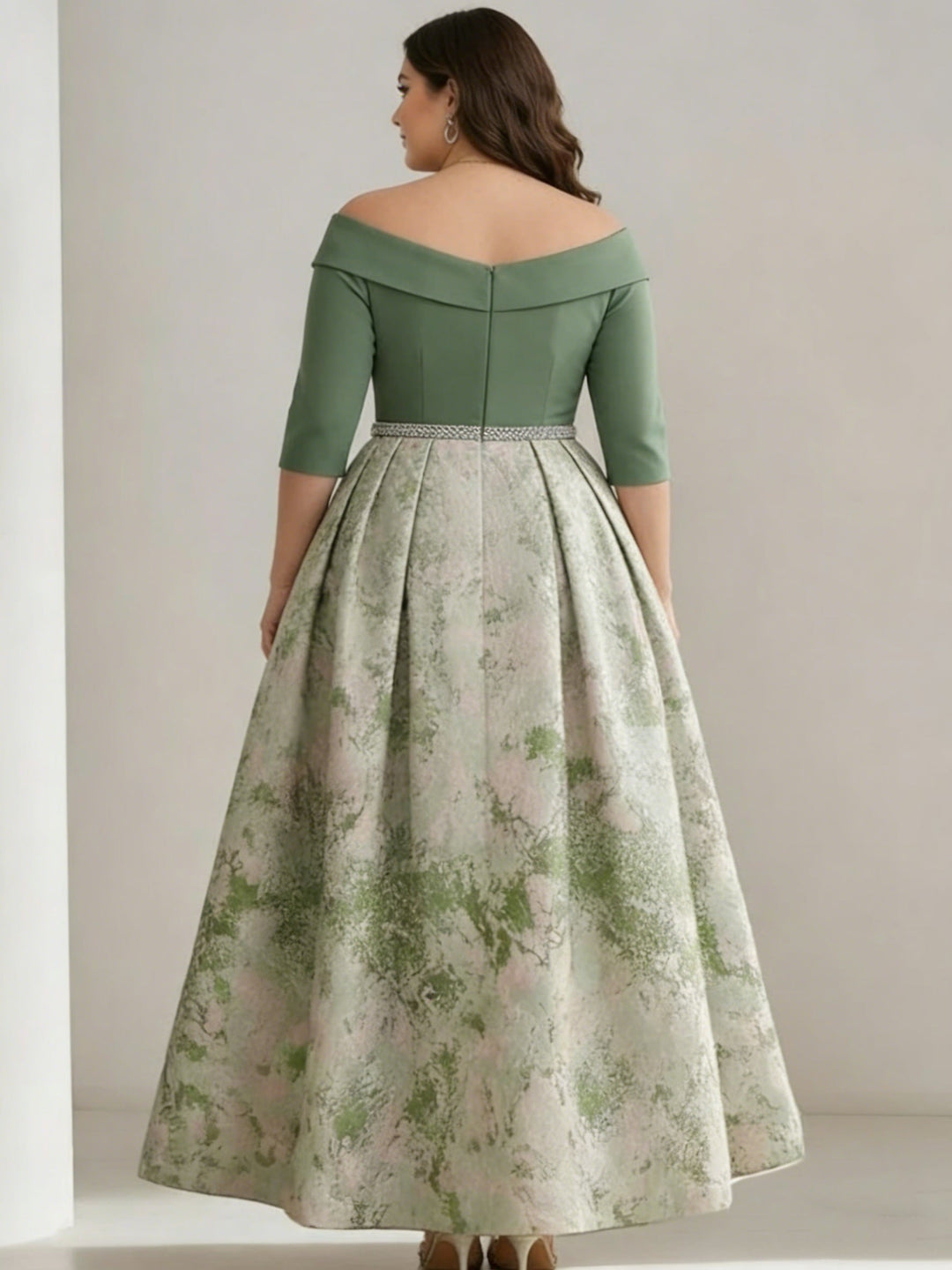 A-Line/Princess Off-the-Shoulder Plus Size Mother of the Bride Dresses Satin 3/4 Sleeves Ankle-Length Floral Sash