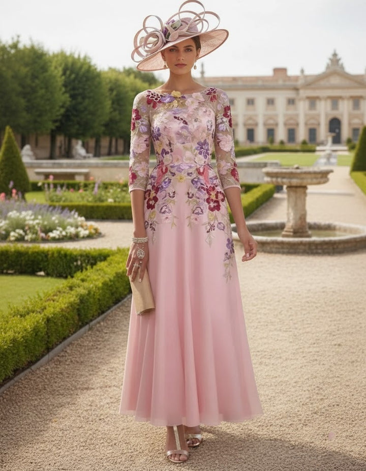 A-Line/Princess Scoop Chiffon Mother of the Bride Dresses Lace Floral Half Sleeves Ankle-Length