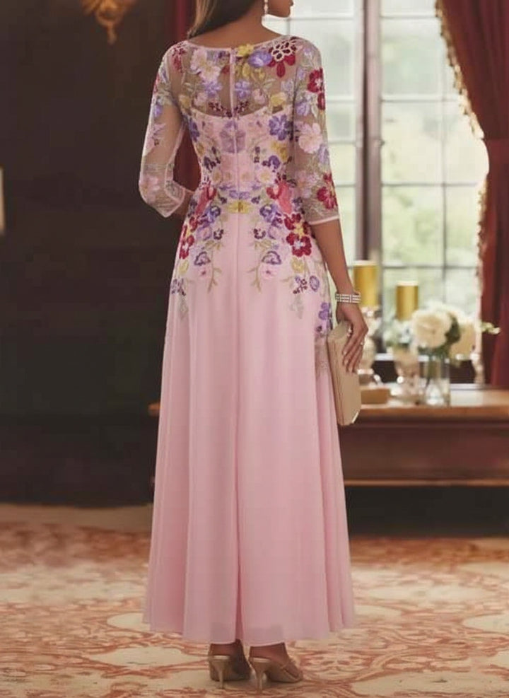 A-Line/Princess Scoop Chiffon Mother of the Bride Dresses Lace Floral Half Sleeves Ankle-Length