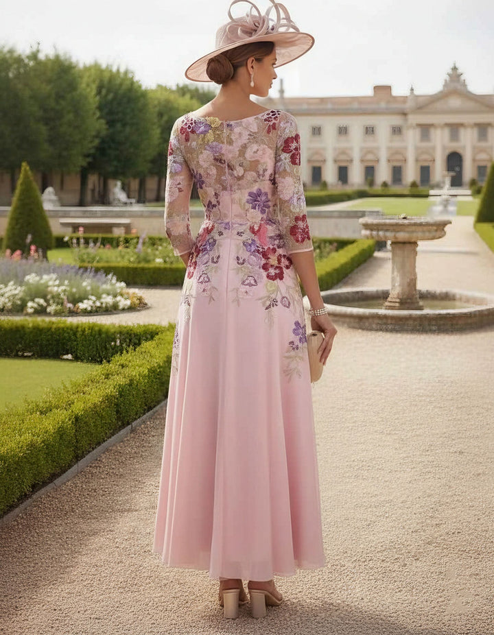 A-Line/Princess Scoop Chiffon Mother of the Bride Dresses Lace Floral Half Sleeves Ankle-Length