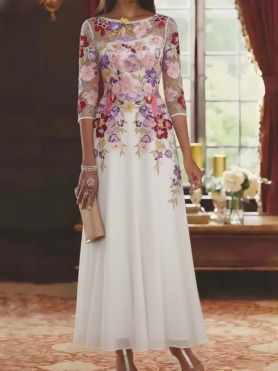 A-Line/Princess Scoop Chiffon Mother of the Bride Dresses Lace Floral Half Sleeves Ankle-Length