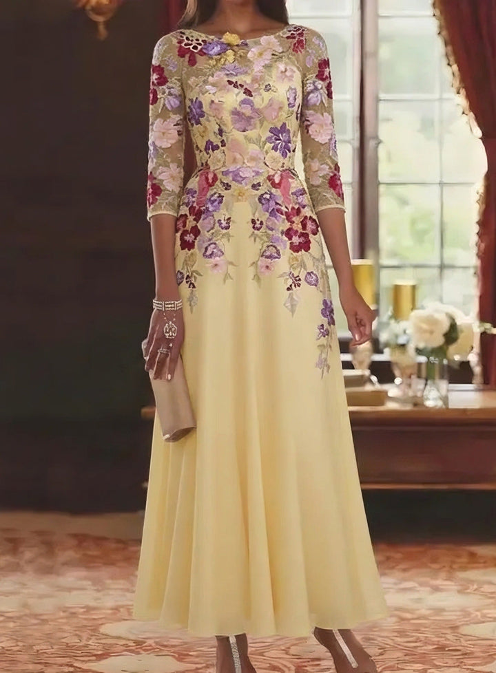 A-Line/Princess Scoop Chiffon Mother of the Bride Dresses Lace Floral Half Sleeves Ankle-Length