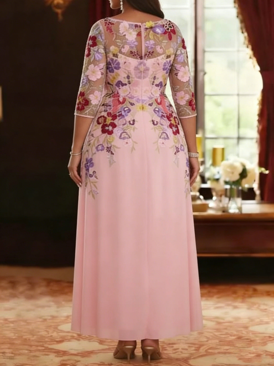 A-Line/Princess Scoop Chiffon Plus Size Mother of the Bride Dresses Lace Floral Half Sleeves Ankle-Length