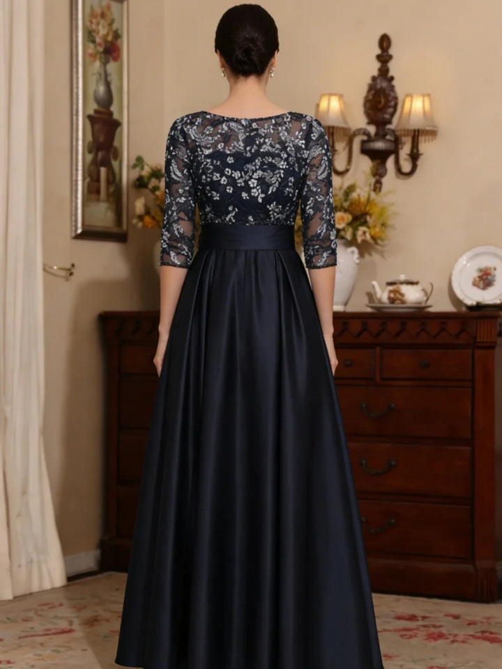 A-Line/Princess Scoop Satin Mother of the Bride Dresses Lace 3/4 Sleeves Ankle-Length Bowknot