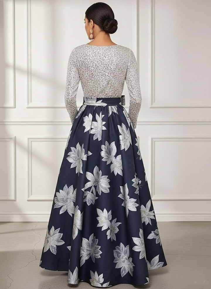 A-Line/Princess V-Neck Printed Satin Mother of the Bride Dresses Sequins Long Sleeves Floral Floor-Length Bowknot
