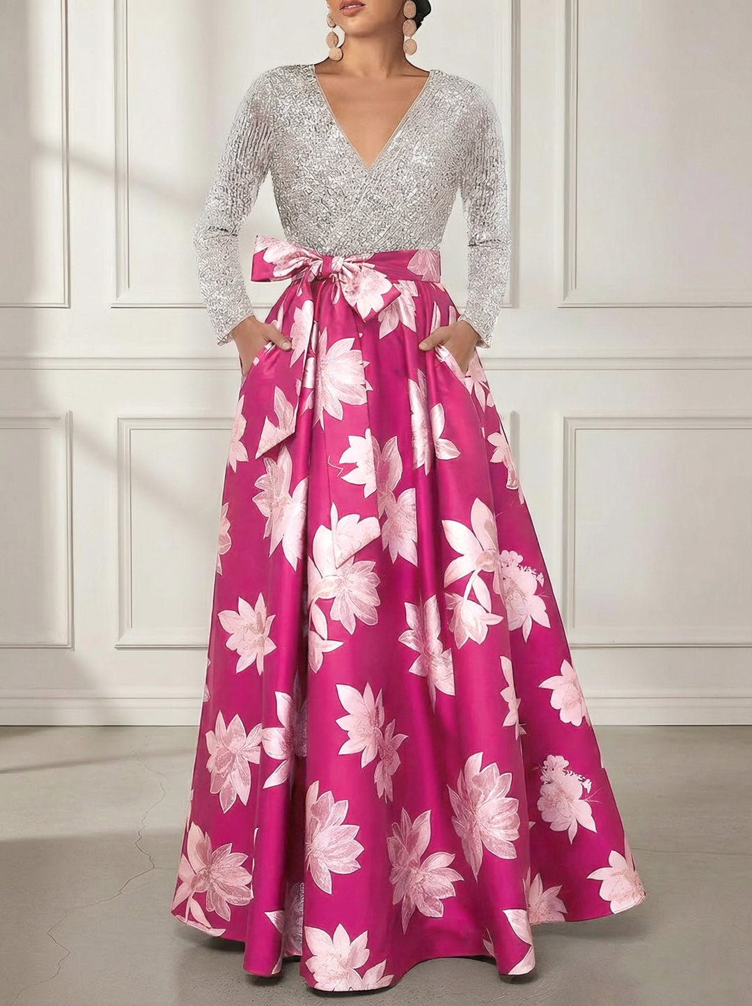 A-Line/Princess V-Neck Printed Satin Mother of the Bride Dresses Sequins Long Sleeves Floral Floor-Length Bowknot