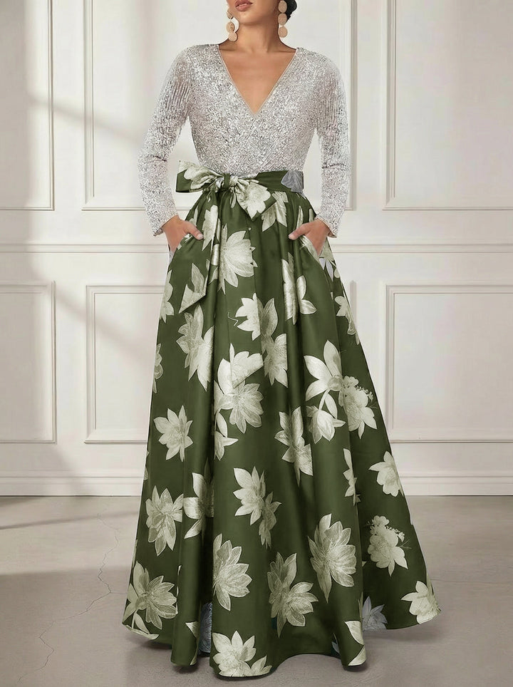 A-Line/Princess V-Neck Printed Satin Mother of the Bride Dresses Sequins Long Sleeves Floral Floor-Length Bowknot
