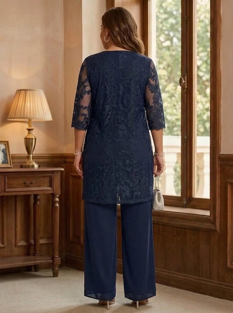 3 Pieces Scoop Chiffon Plus Size Mother of the Bride Pantsuits with Jacket Lace Ankle-Length Floral 3/4 Sleeves