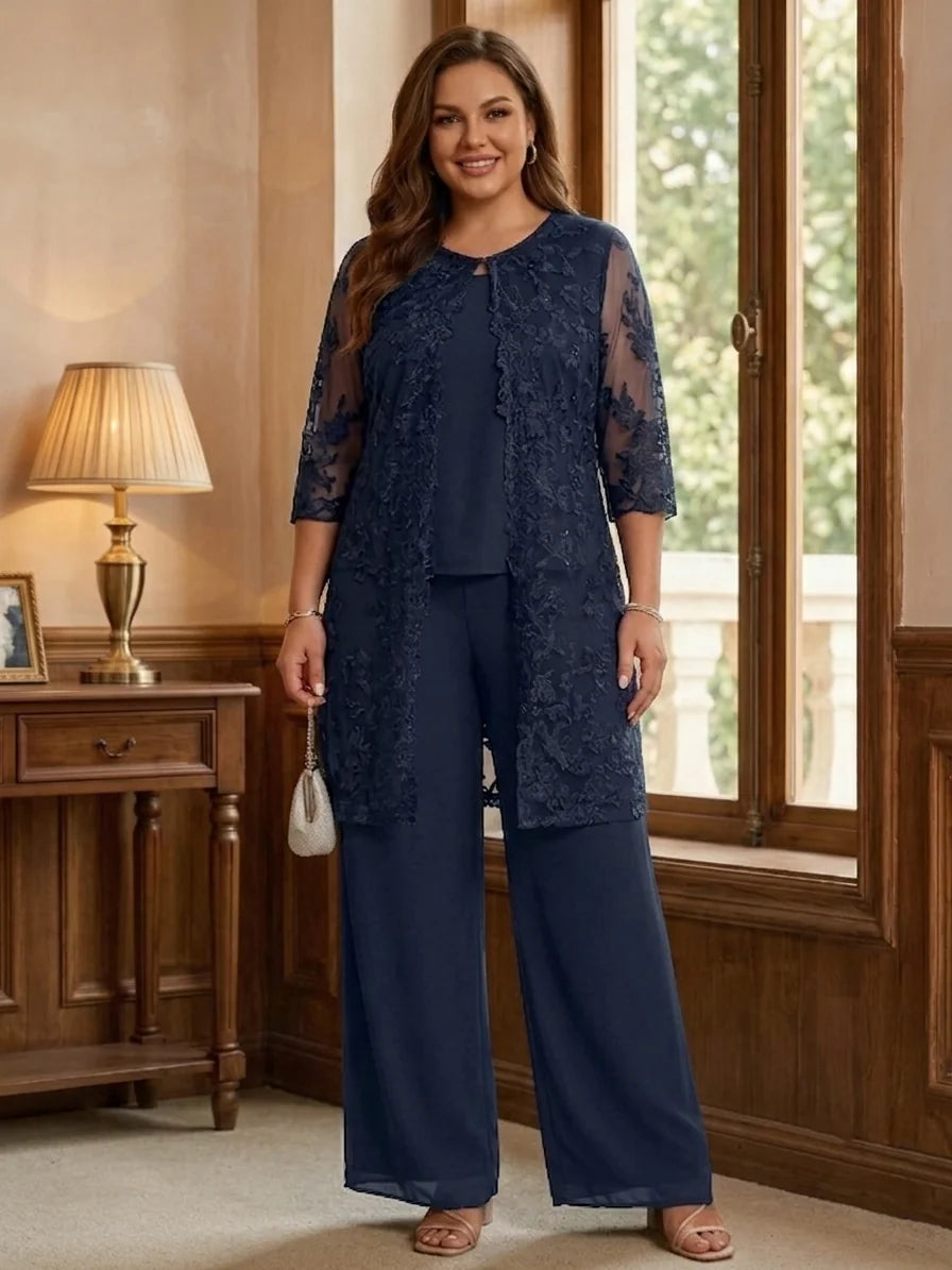 3 Pieces Scoop Chiffon Plus Size Mother of the Bride Pantsuits with Jacket Lace Ankle-Length Floral 3/4 Sleeves