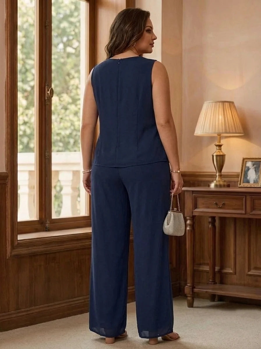 3 Pieces Scoop Chiffon Plus Size Mother of the Bride Pantsuits with Jacket Lace Ankle-Length Floral 3/4 Sleeves