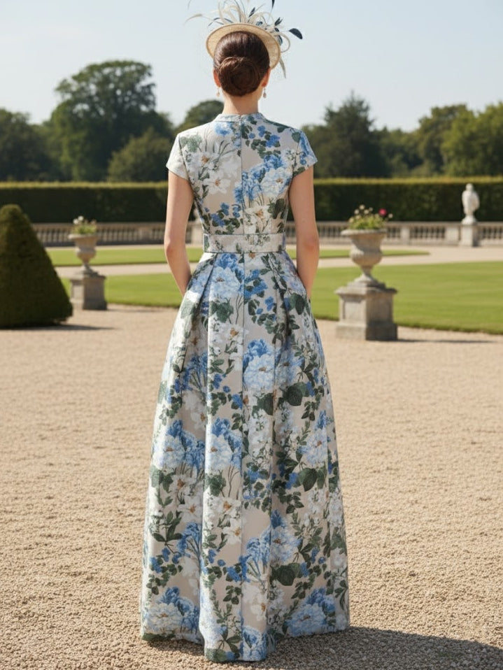 A-Line/Princess V-Neck Mother of the Bride Dresses Printed Satin Short Sleeves Floral Floor-Length