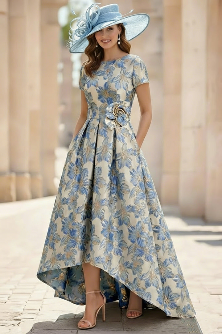 A-Line/Princess Scoop Printed Satin Mother of the Bride Dresses Short Sleeves Floral Asymmetrical Ankle-Length 3D Flower Pocket