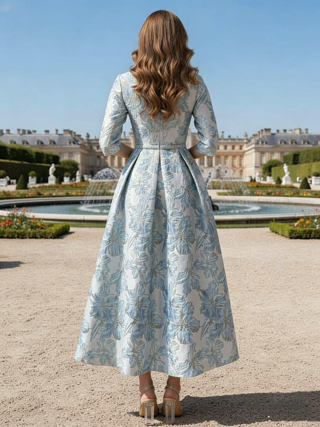 A-Line/Princess Scoop Printed Satin Mother of the Bride Dresses Half Sleeves Floral Tea-Length Sash