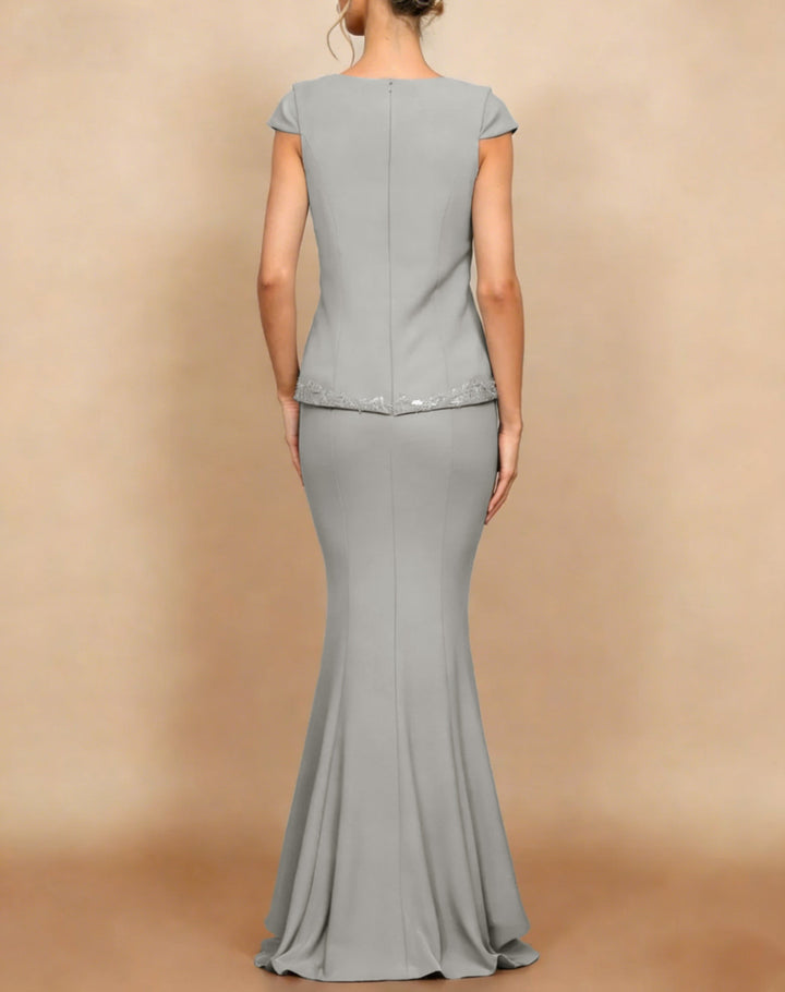 Trumpet/Mermaid V-Neck Stretch Satin Mother of the Bride Dresses Floor-Length Cap Sleeves Lace Appliques