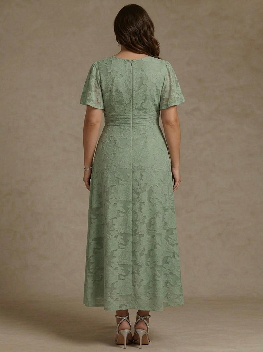 A-Line/Princess V-Neck Floral Burnout Plus Size Mother of the Bride Dresses Short Sleeves Ankle-Length Ruched