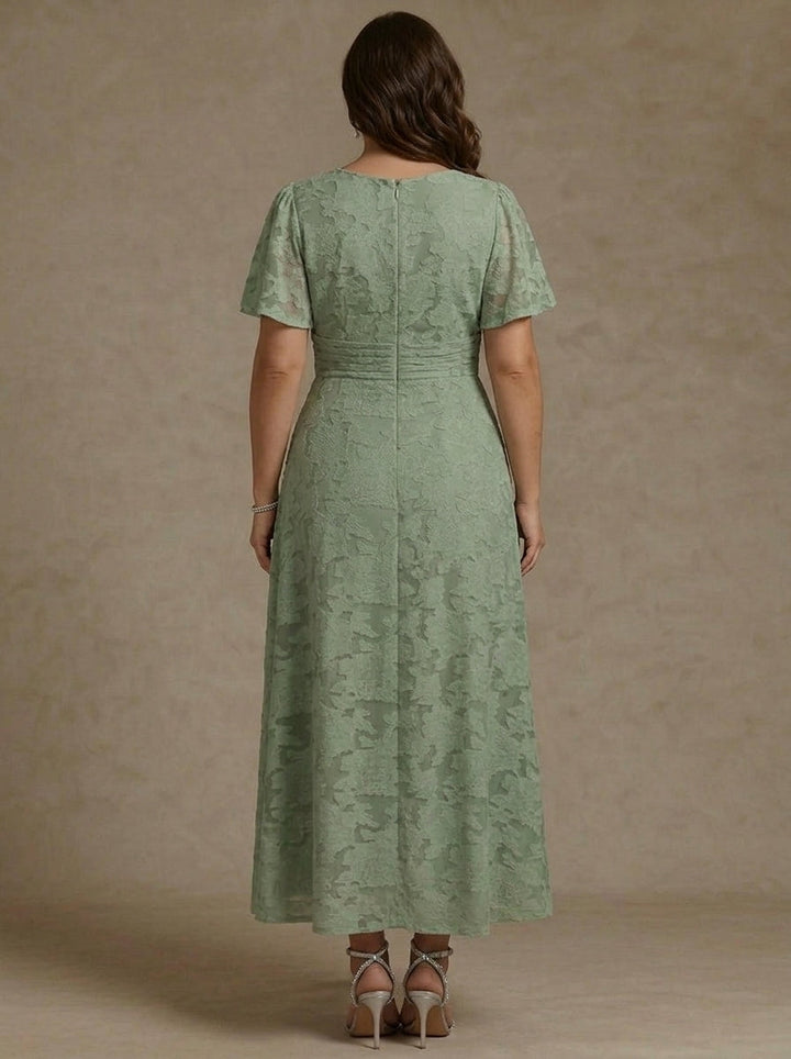 A-Line/Princess V-Neck Floral Burnout Plus Size Mother of the Bride Dresses Short Sleeves Ankle-Length Ruched
