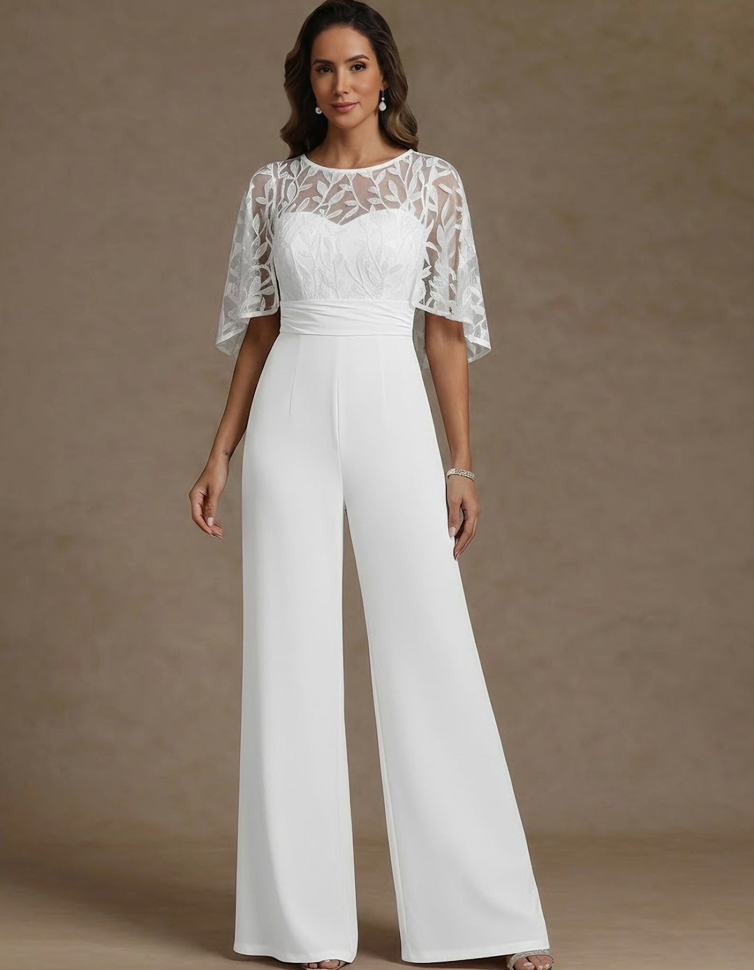 Chiffon Mother of the Bride Jumpsuits Scoop Lace Floor-Length Cape Sleeves