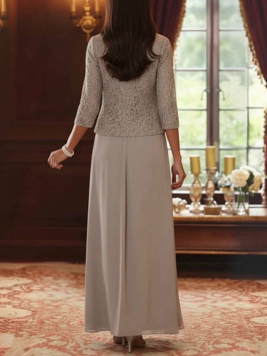 2 Pieces A-Line/Princess Square Collar Chiffon Mother of the Bride Dresses with Jacket Lace Ankle-Length 3/4 Sleeves
