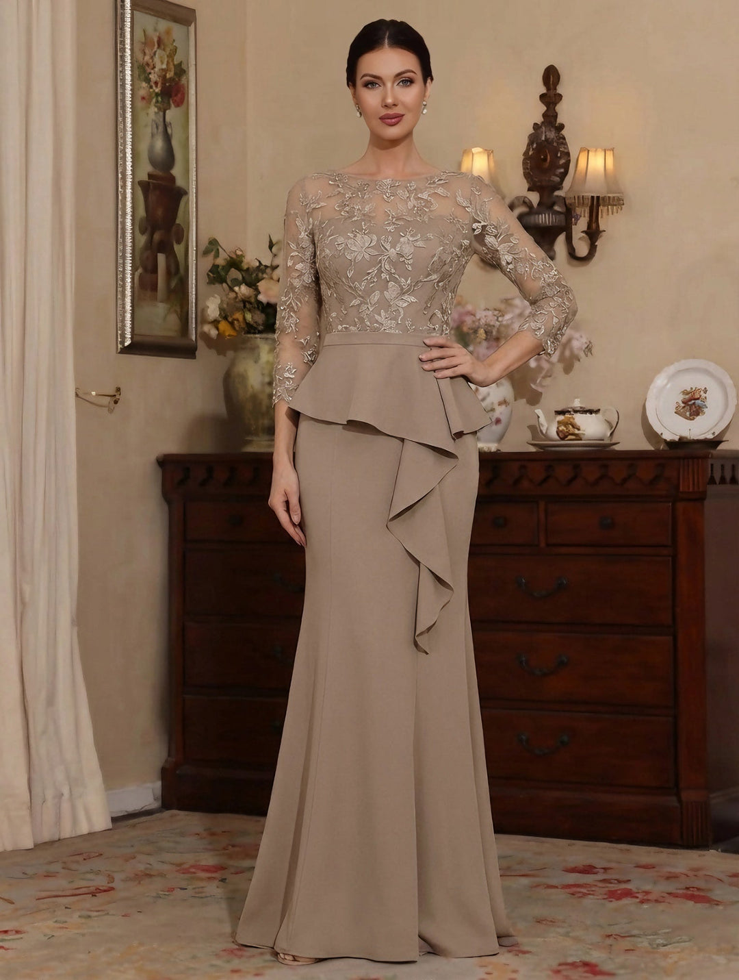 Trumpet/Mermaid Scoop Chiffon Mother of the Bride Dresses Lace Floor-Length 3/4 Sleeves Ruffles