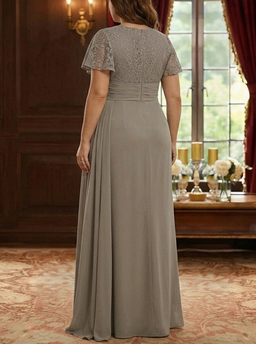 Sheath/Column Scoop Stretch Satin Plus Size Mother of the Bride Dresses with Watteau Train Lace Floor-Length Short Sleeves