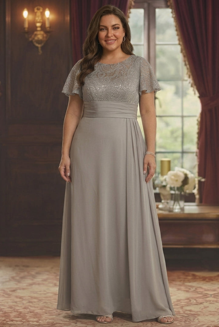 Sheath/Column Scoop Stretch Satin Plus Size Mother of the Bride Dresses with Watteau Train Lace Floor-Length Short Sleeves